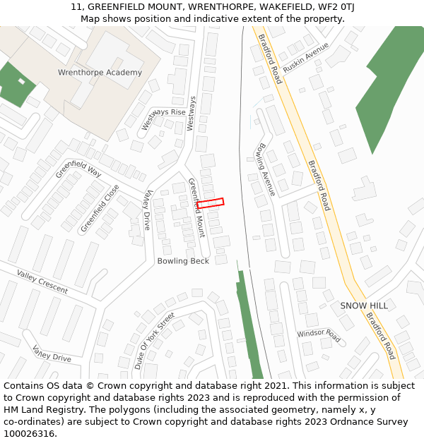 11, GREENFIELD MOUNT, WRENTHORPE, WAKEFIELD, WF2 0TJ: Location map and indicative extent of plot