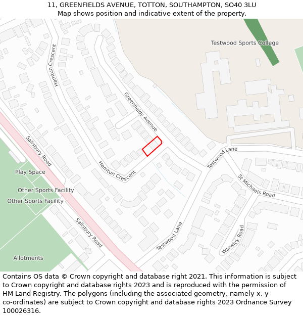 11, GREENFIELDS AVENUE, TOTTON, SOUTHAMPTON, SO40 3LU: Location map and indicative extent of plot