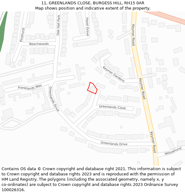 11, GREENLANDS CLOSE, BURGESS HILL, RH15 0AR: Location map and indicative extent of plot