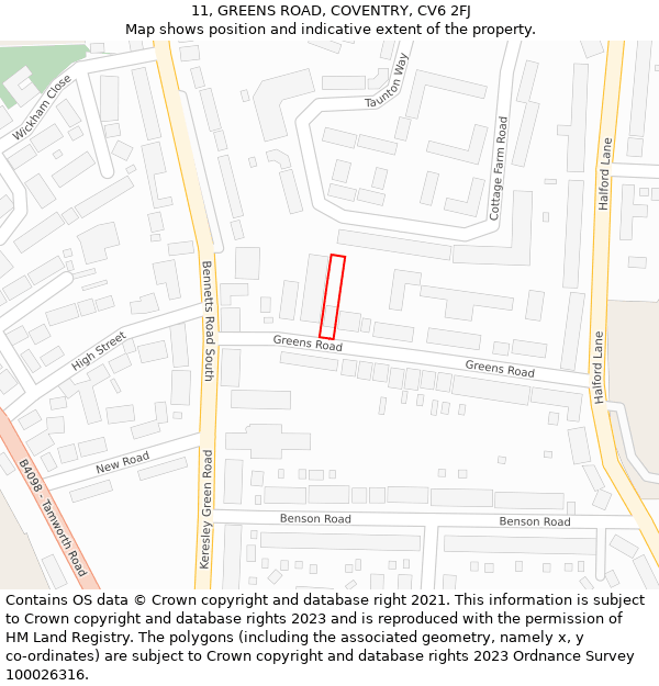 11, GREENS ROAD, COVENTRY, CV6 2FJ: Location map and indicative extent of plot