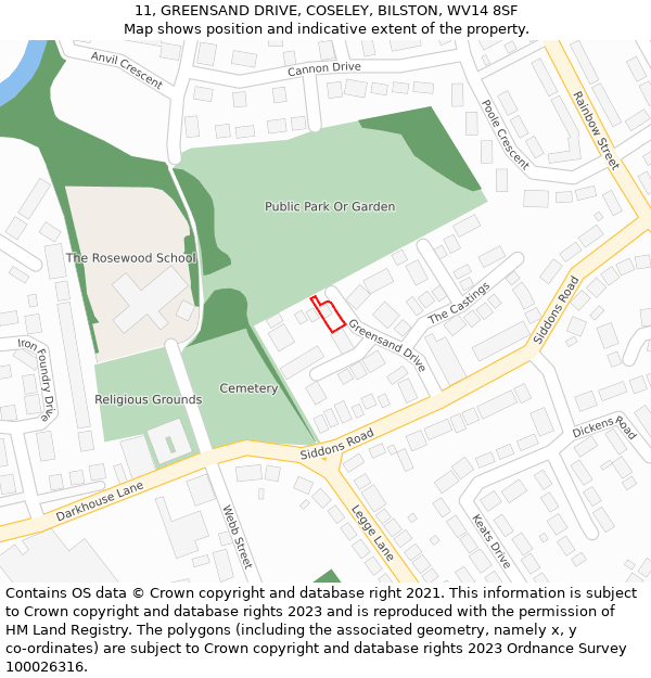11, GREENSAND DRIVE, COSELEY, BILSTON, WV14 8SF: Location map and indicative extent of plot