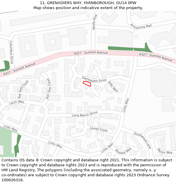 11, GRENADIERS WAY, FARNBOROUGH, GU14 0PW: Location map and indicative extent of plot