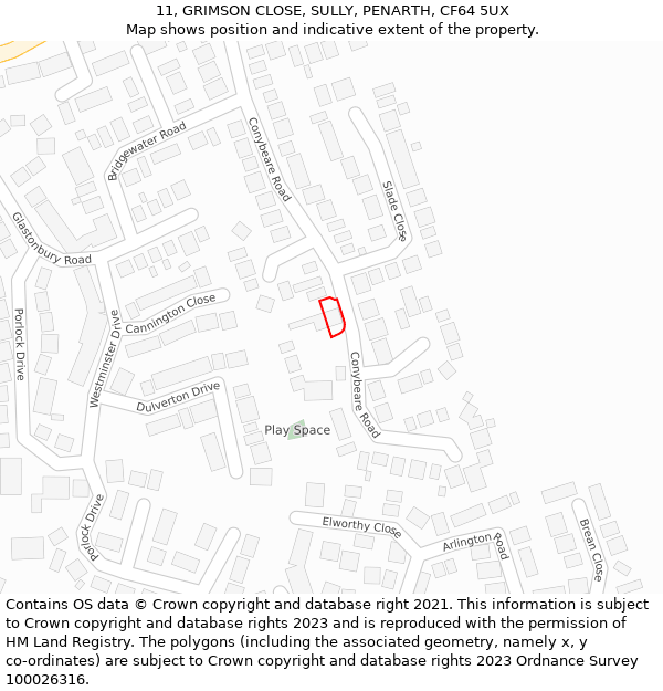 11, GRIMSON CLOSE, SULLY, PENARTH, CF64 5UX: Location map and indicative extent of plot