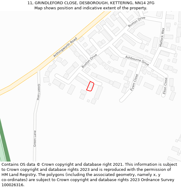 11, GRINDLEFORD CLOSE, DESBOROUGH, KETTERING, NN14 2FG: Location map and indicative extent of plot
