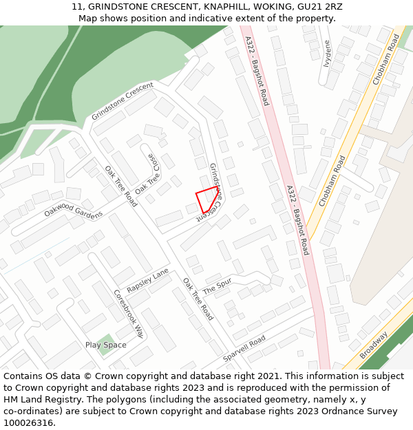 11, GRINDSTONE CRESCENT, KNAPHILL, WOKING, GU21 2RZ: Location map and indicative extent of plot