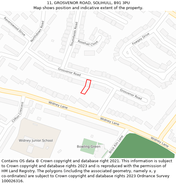 11, GROSVENOR ROAD, SOLIHULL, B91 3PU: Location map and indicative extent of plot