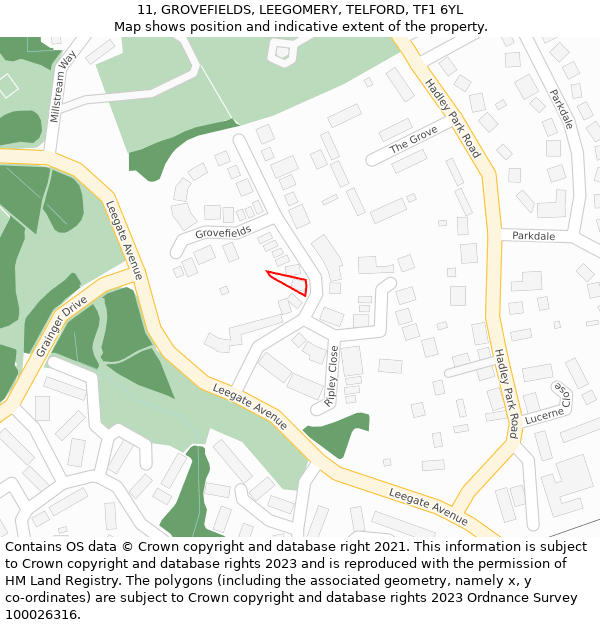 11, GROVEFIELDS, LEEGOMERY, TELFORD, TF1 6YL: Location map and indicative extent of plot