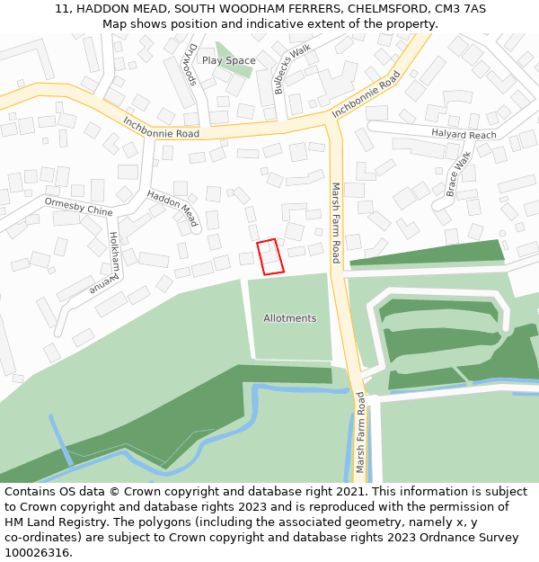 11, HADDON MEAD, SOUTH WOODHAM FERRERS, CHELMSFORD, CM3 7AS: Location map and indicative extent of plot