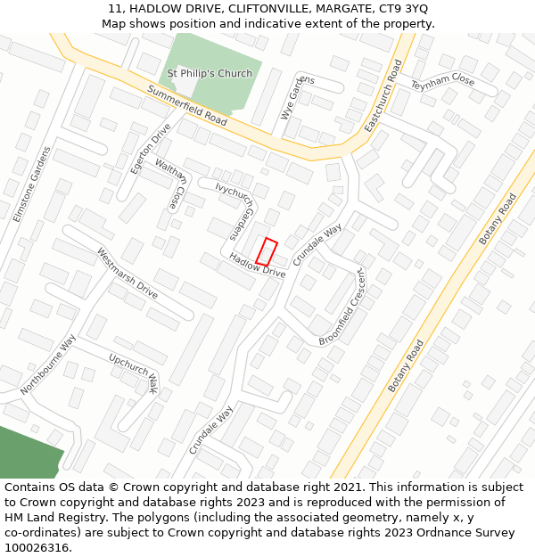 11, HADLOW DRIVE, CLIFTONVILLE, MARGATE, CT9 3YQ: Location map and indicative extent of plot