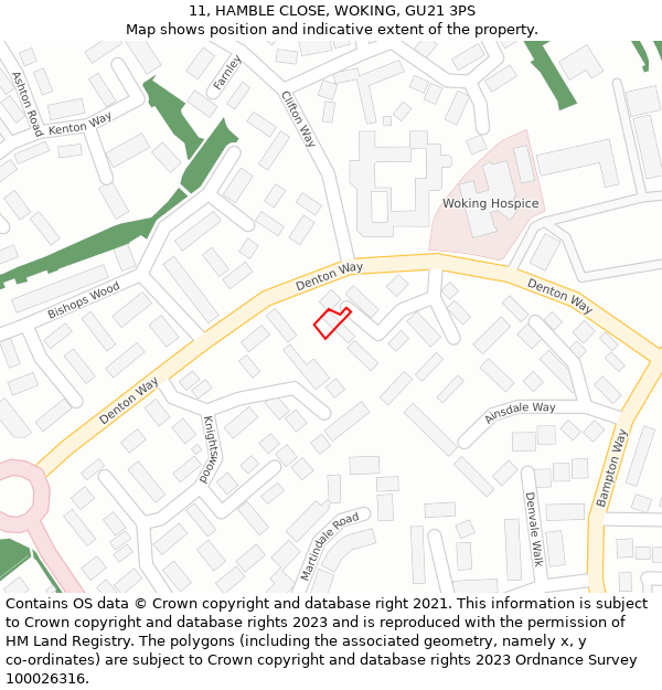 11, HAMBLE CLOSE, WOKING, GU21 3PS: Location map and indicative extent of plot