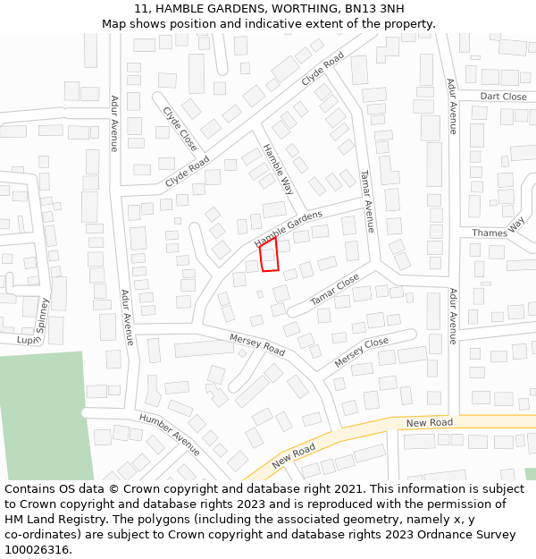 11, HAMBLE GARDENS, WORTHING, BN13 3NH: Location map and indicative extent of plot