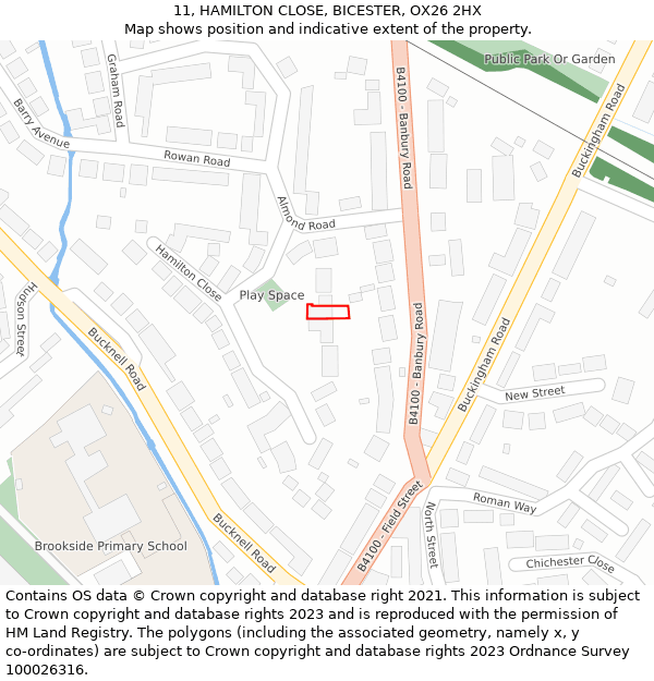 11, HAMILTON CLOSE, BICESTER, OX26 2HX: Location map and indicative extent of plot