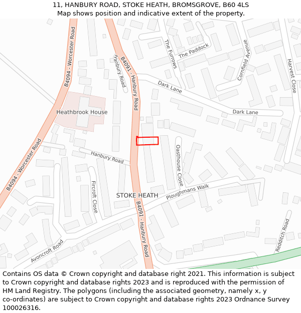 11, HANBURY ROAD, STOKE HEATH, BROMSGROVE, B60 4LS: Location map and indicative extent of plot