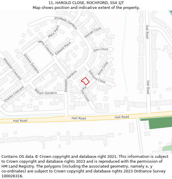 11, HAROLD CLOSE, ROCHFORD, SS4 1JT: Location map and indicative extent of plot