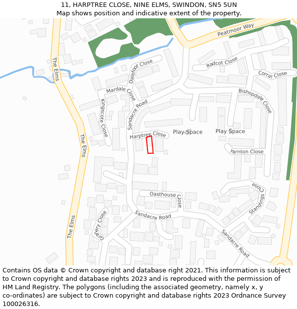 11, HARPTREE CLOSE, NINE ELMS, SWINDON, SN5 5UN: Location map and indicative extent of plot