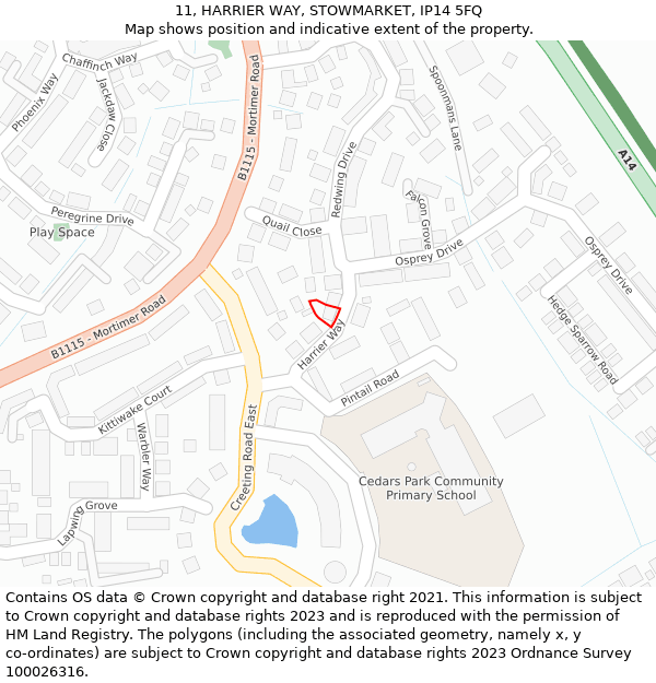 11, HARRIER WAY, STOWMARKET, IP14 5FQ: Location map and indicative extent of plot