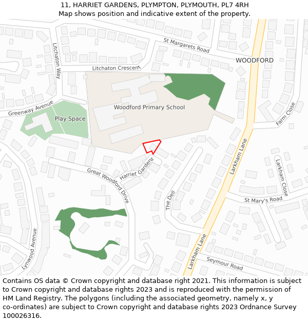 11, HARRIET GARDENS, PLYMPTON, PLYMOUTH, PL7 4RH: Location map and indicative extent of plot