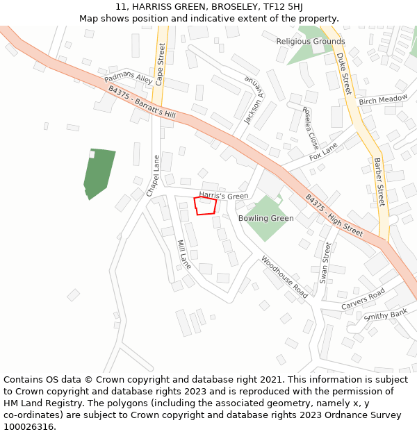 11, HARRISS GREEN, BROSELEY, TF12 5HJ: Location map and indicative extent of plot