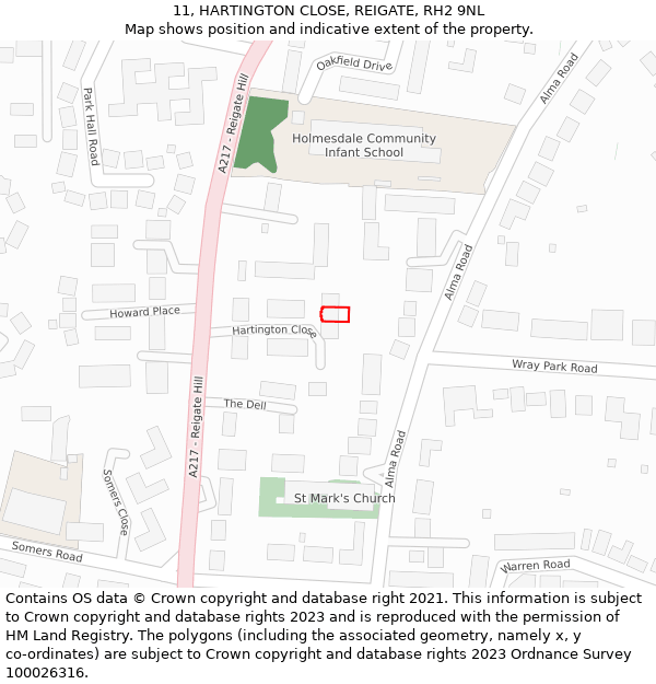 11, HARTINGTON CLOSE, REIGATE, RH2 9NL: Location map and indicative extent of plot