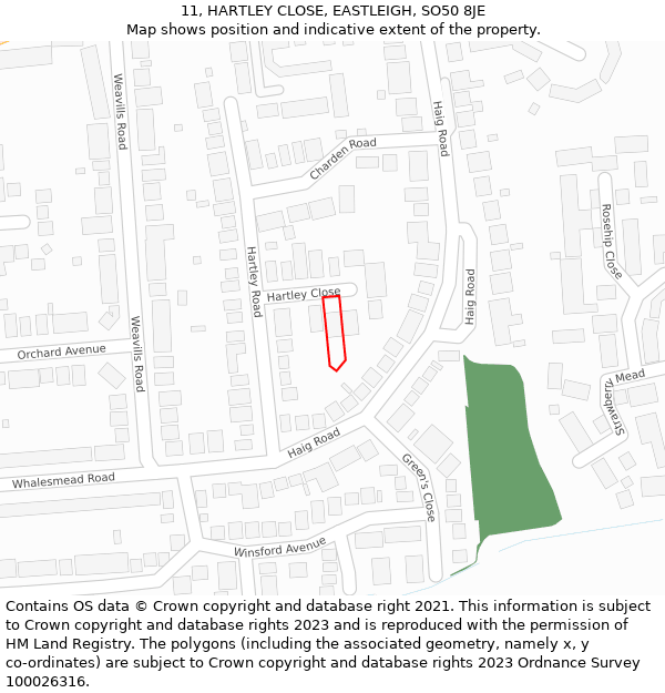 11, HARTLEY CLOSE, EASTLEIGH, SO50 8JE: Location map and indicative extent of plot