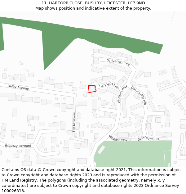 11, HARTOPP CLOSE, BUSHBY, LEICESTER, LE7 9ND: Location map and indicative extent of plot