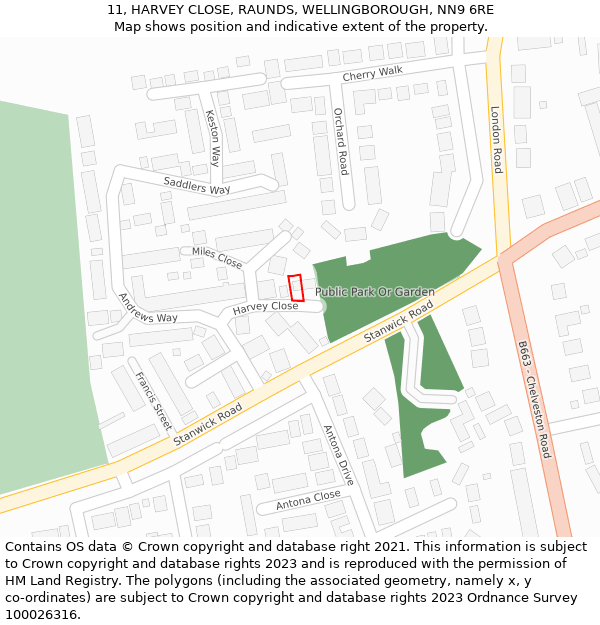 11, HARVEY CLOSE, RAUNDS, WELLINGBOROUGH, NN9 6RE: Location map and indicative extent of plot