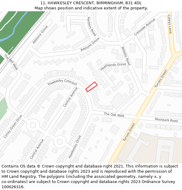 11, HAWKESLEY CRESCENT, BIRMINGHAM, B31 4DL: Location map and indicative extent of plot