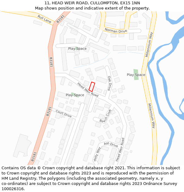 11, HEAD WEIR ROAD, CULLOMPTON, EX15 1NN: Location map and indicative extent of plot