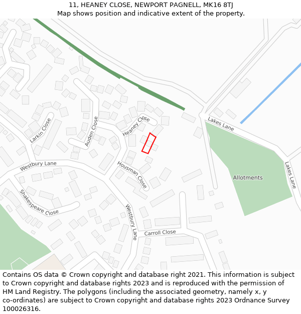 11, HEANEY CLOSE, NEWPORT PAGNELL, MK16 8TJ: Location map and indicative extent of plot