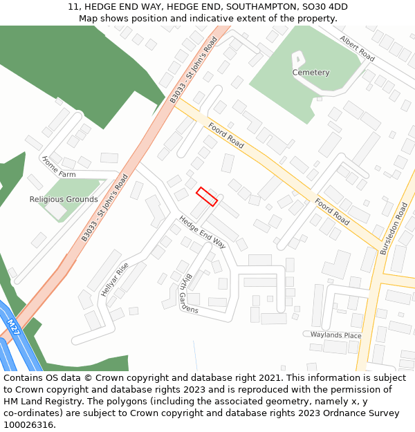 11, HEDGE END WAY, HEDGE END, SOUTHAMPTON, SO30 4DD: Location map and indicative extent of plot