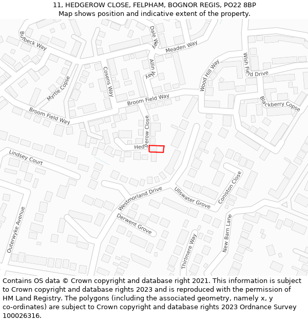 11, HEDGEROW CLOSE, FELPHAM, BOGNOR REGIS, PO22 8BP: Location map and indicative extent of plot