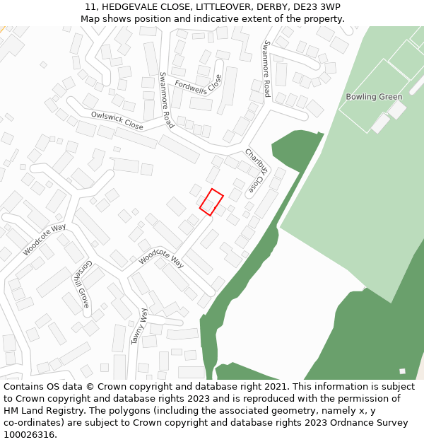 11, HEDGEVALE CLOSE, LITTLEOVER, DERBY, DE23 3WP: Location map and indicative extent of plot