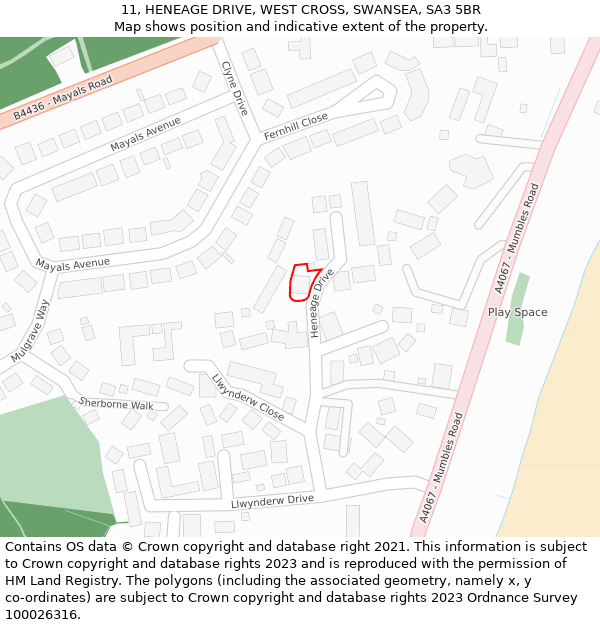 11, HENEAGE DRIVE, WEST CROSS, SWANSEA, SA3 5BR: Location map and indicative extent of plot