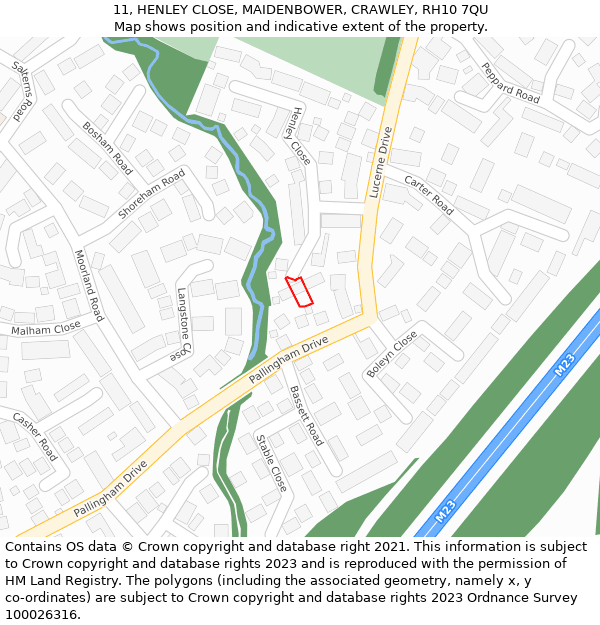 11, HENLEY CLOSE, MAIDENBOWER, CRAWLEY, RH10 7QU: Location map and indicative extent of plot