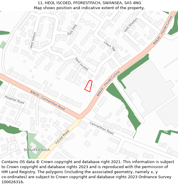 11, HEOL ISCOED, FFORESTFACH, SWANSEA, SA5 4NG: Location map and indicative extent of plot