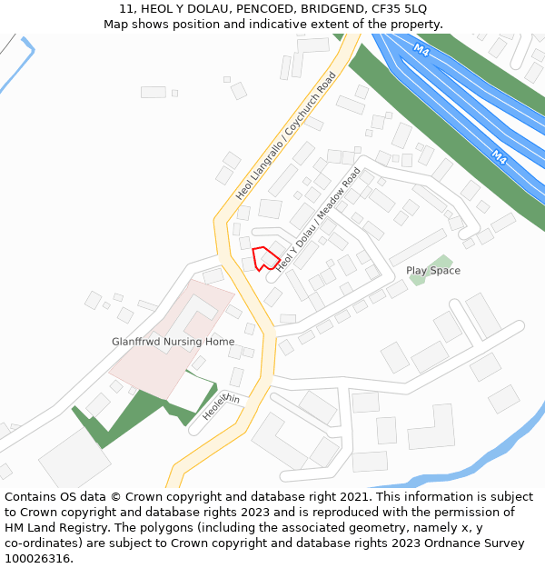 11, HEOL Y DOLAU, PENCOED, BRIDGEND, CF35 5LQ: Location map and indicative extent of plot