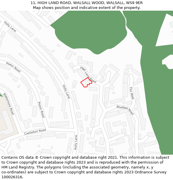11, HIGH LAND ROAD, WALSALL WOOD, WALSALL, WS9 9ER: Location map and indicative extent of plot