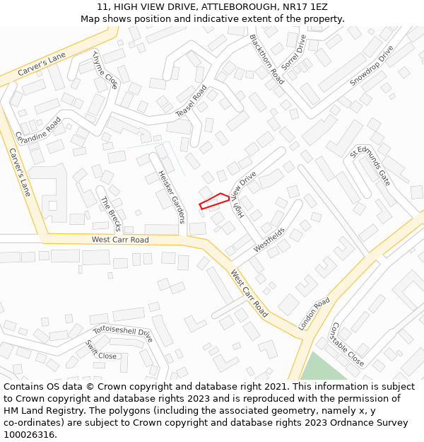 11, HIGH VIEW DRIVE, ATTLEBOROUGH, NR17 1EZ: Location map and indicative extent of plot