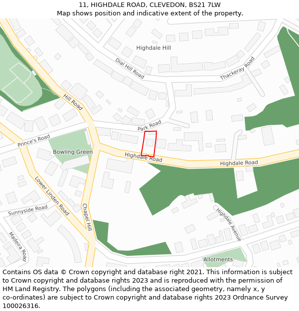 11, HIGHDALE ROAD, CLEVEDON, BS21 7LW: Location map and indicative extent of plot