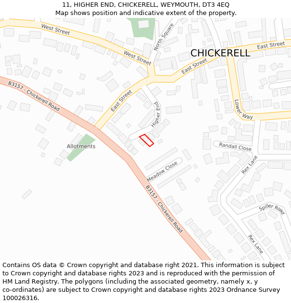 11, HIGHER END, CHICKERELL, WEYMOUTH, DT3 4EQ: Location map and indicative extent of plot