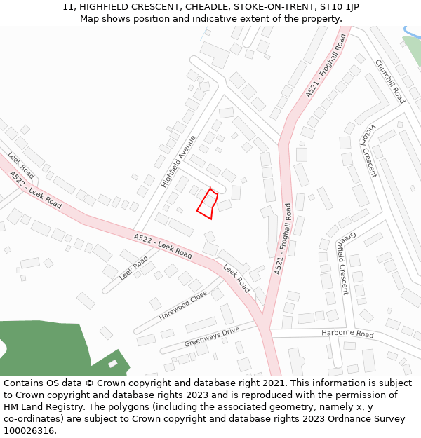 11, HIGHFIELD CRESCENT, CHEADLE, STOKE-ON-TRENT, ST10 1JP: Location map and indicative extent of plot
