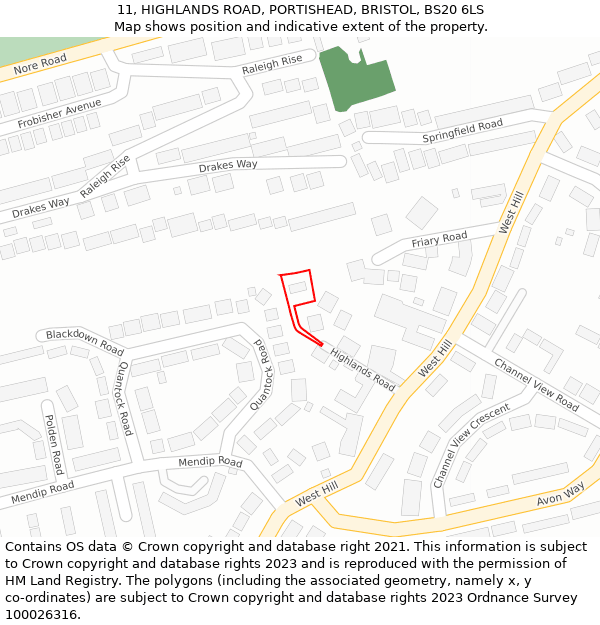 11, HIGHLANDS ROAD, PORTISHEAD, BRISTOL, BS20 6LS: Location map and indicative extent of plot
