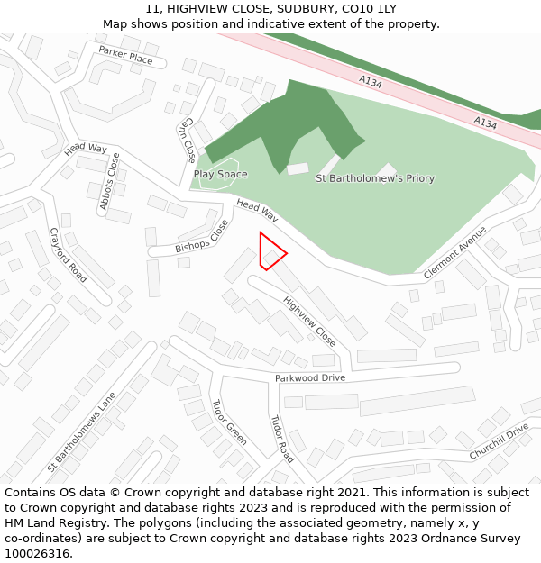 11, HIGHVIEW CLOSE, SUDBURY, CO10 1LY: Location map and indicative extent of plot