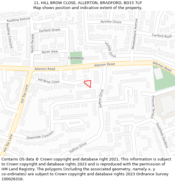 11, HILL BROW CLOSE, ALLERTON, BRADFORD, BD15 7LP: Location map and indicative extent of plot