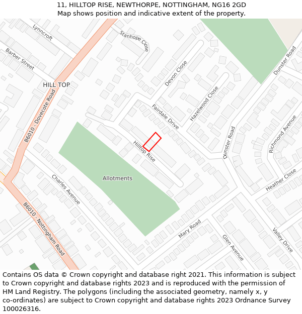 11, HILLTOP RISE, NEWTHORPE, NOTTINGHAM, NG16 2GD: Location map and indicative extent of plot