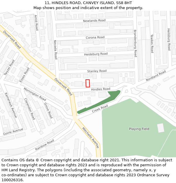 11, HINDLES ROAD, CANVEY ISLAND, SS8 8HT: Location map and indicative extent of plot