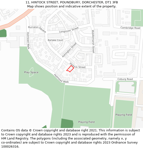 11, HINTOCK STREET, POUNDBURY, DORCHESTER, DT1 3FB: Location map and indicative extent of plot