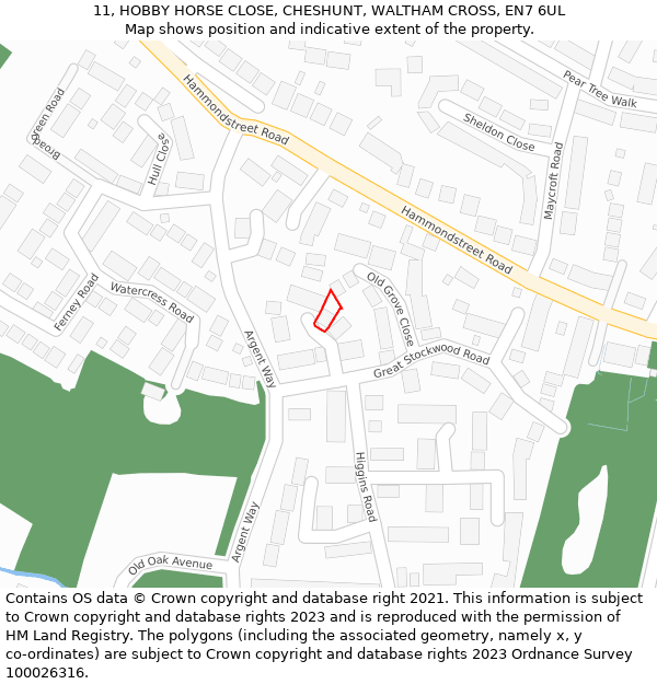 11, HOBBY HORSE CLOSE, CHESHUNT, WALTHAM CROSS, EN7 6UL: Location map and indicative extent of plot