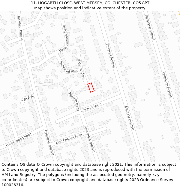 11, HOGARTH CLOSE, WEST MERSEA, COLCHESTER, CO5 8PT: Location map and indicative extent of plot