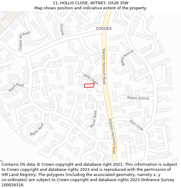 11, HOLLIS CLOSE, WITNEY, OX28 3SW: Location map and indicative extent of plot